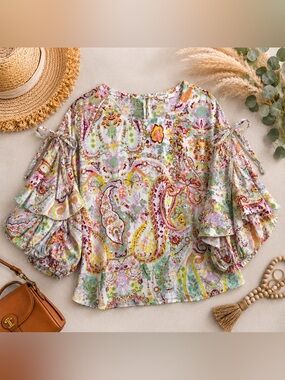 New Easel Boho Paisley Ruffle Sleeve Blouse Multicolor Floral Top Small